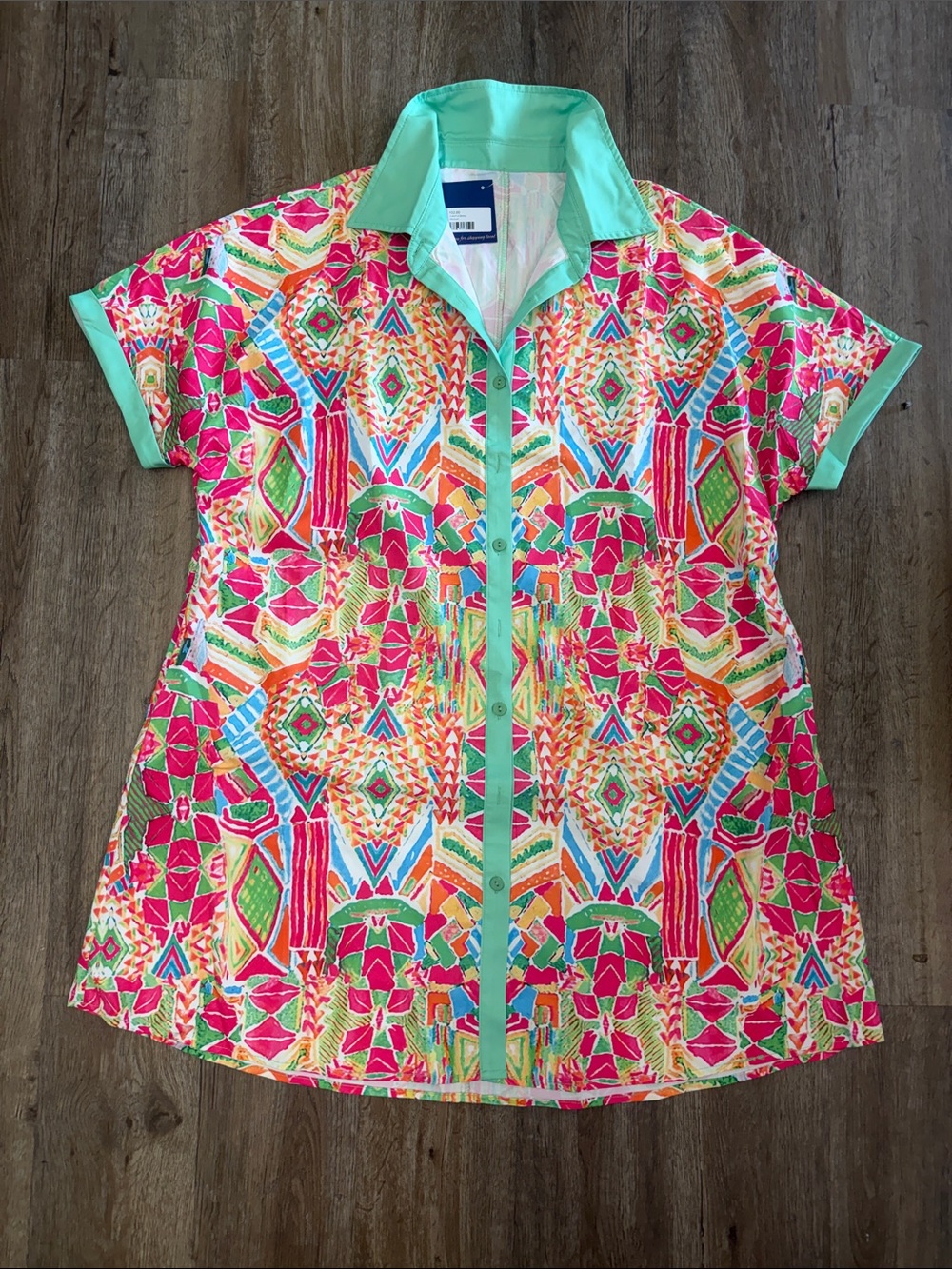Bright Geometric Print Button-Front Women's Top - Pink & Aqua